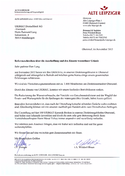 Alte Leipziger Insurance Company reference letter