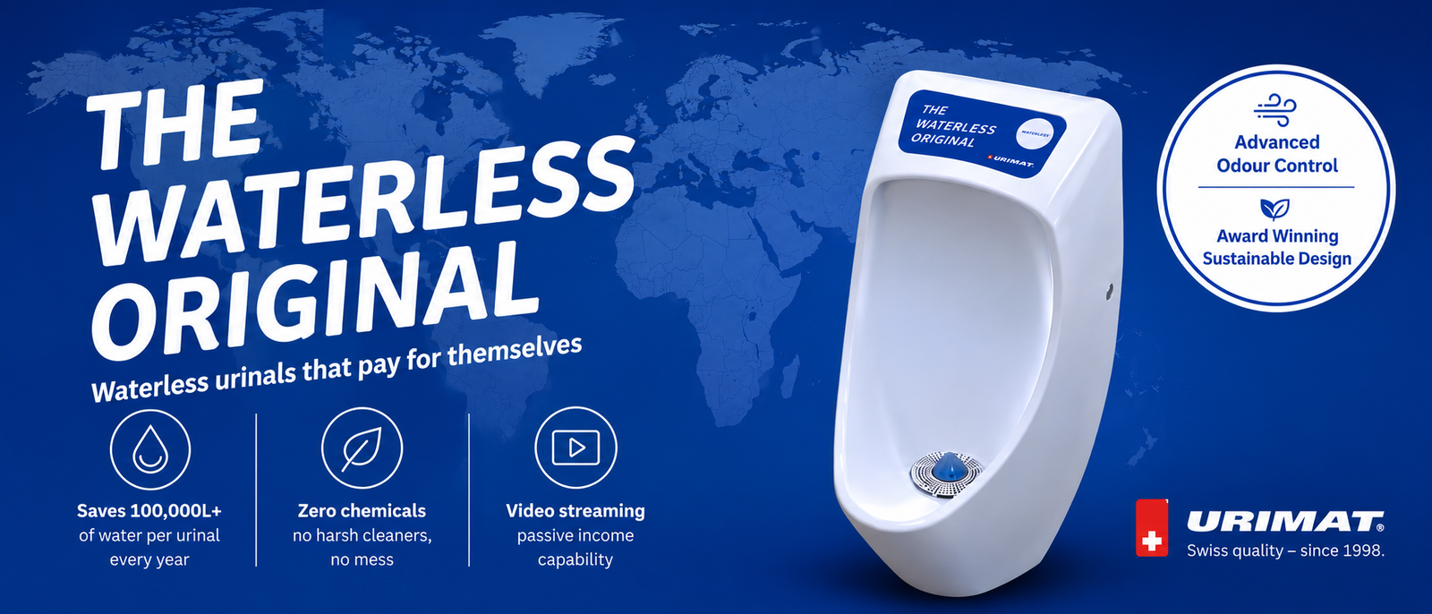 URIMAT waterless urinal banner: The Waterless Original, saves 100,000L+ of water per urinal every year, zero chemicals