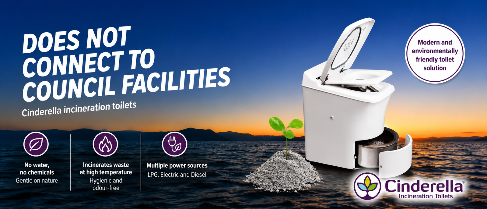 Cinderella incineration toilet banner: does not connect to council facilities, no water or chemicals, incinerates waste at high temperature