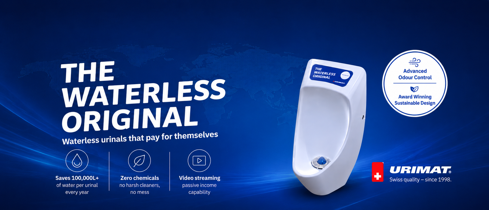 URIMAT waterless urinal banner: The Waterless Original, saves 100,000L+ of water per urinal every year, zero chemicals